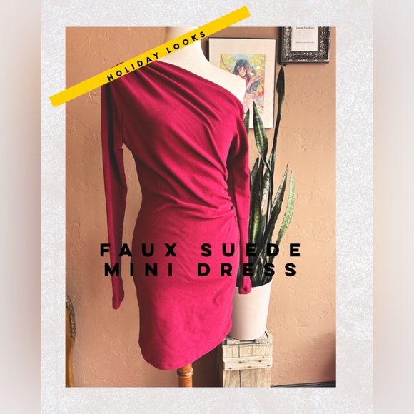 Burgundy Wine Off the Shoulder Long Sleeve Faux Suede Mini NWT - Picture 10 of 11